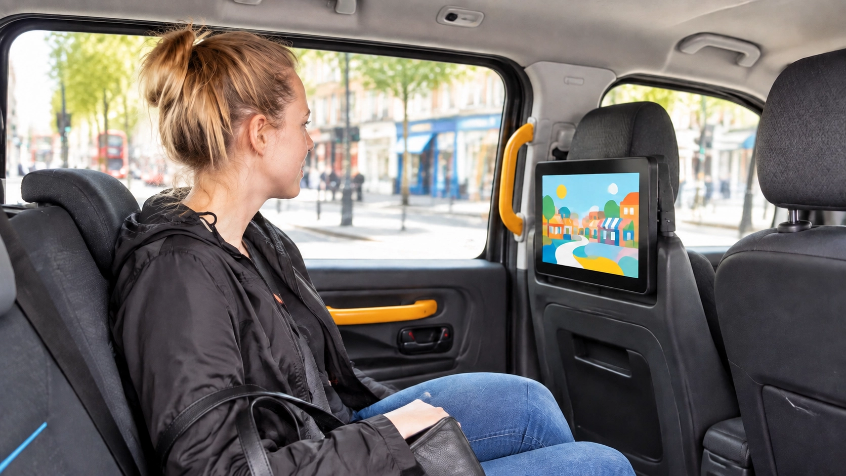 Digital advertising screen inside a taxi reaching local passengers in Harlow