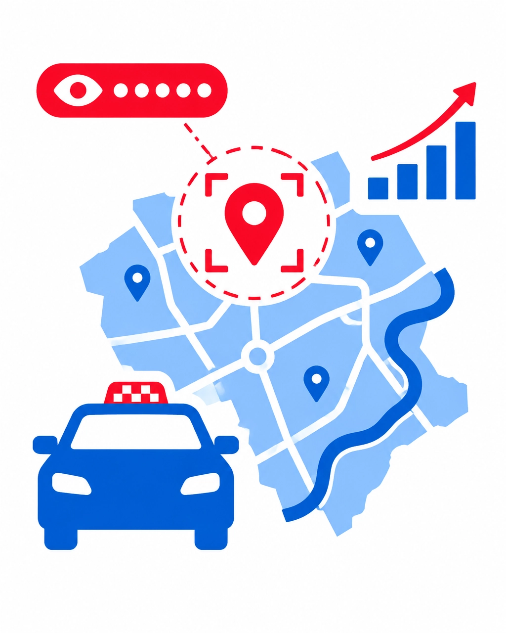Flat vector illustration showing local targeting, taxi advertising and campaign measurement