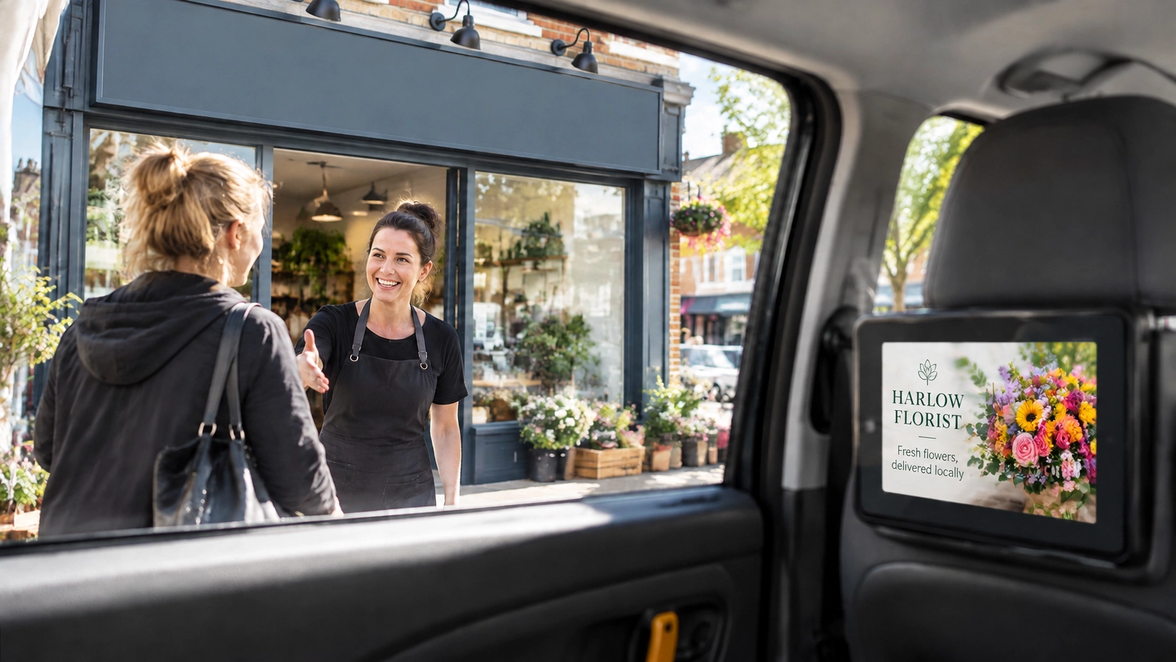 Harlow shopfront and local customer with a taxi advertising screen in the foreground